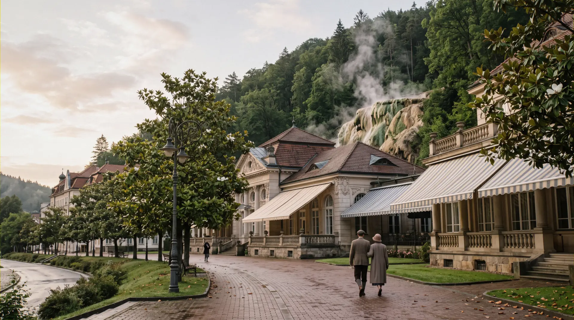 Historic Bathhouse Row at dusk near the best hotels in Hot Springs, Arkansas