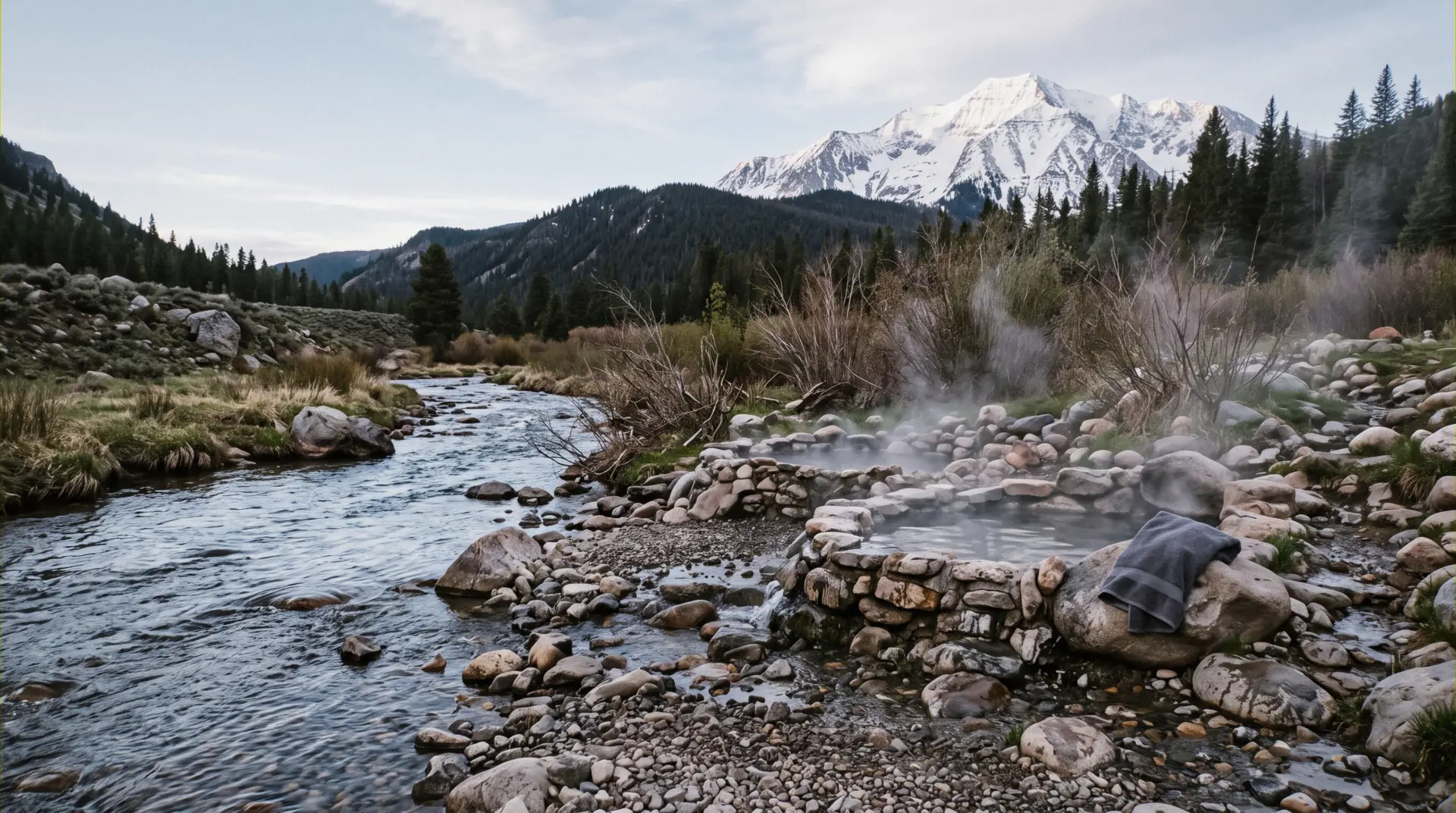 Hand-dug rock pools in Chalk Creek below the Collegiate Peaks at the hot springs near Buena Vista, Colorado