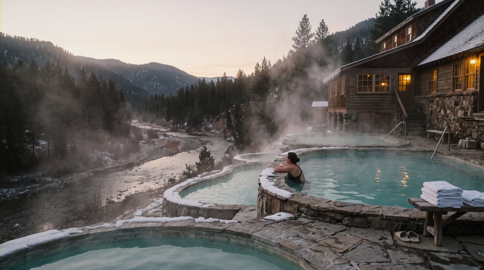 Steam rising off a terraced outdoor mineral pool at a hot springs hotel at dawn