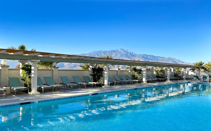 Azure Palm Hot Springs large outdoor mineral pool and palms, Desert Hot Springs hotels, California
