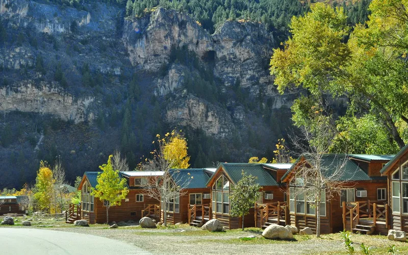Glenwood Canyon Resort riverside cabins near the hot springs in Glenwood Springs, Colorado
