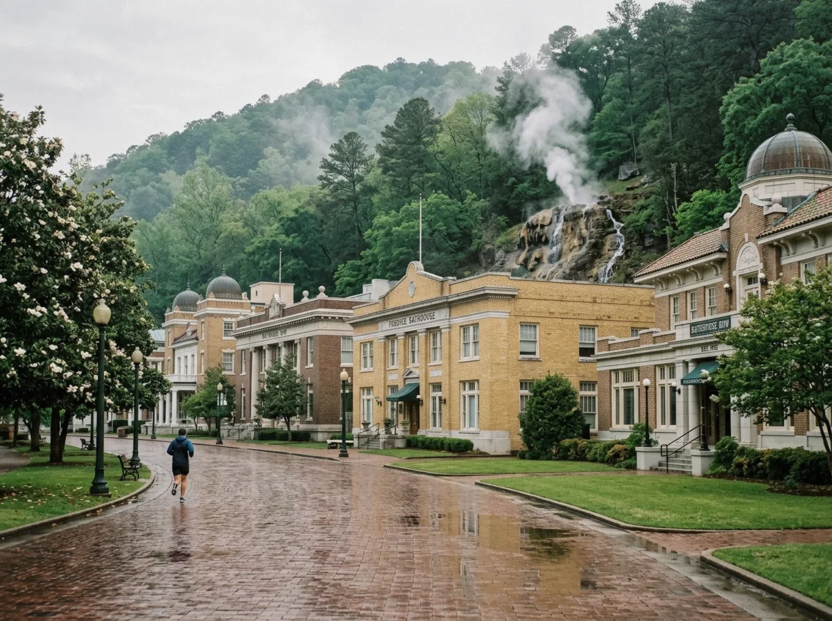 Historic bathhouse row buildings at Hot Springs National Park in Arkansas in the morning