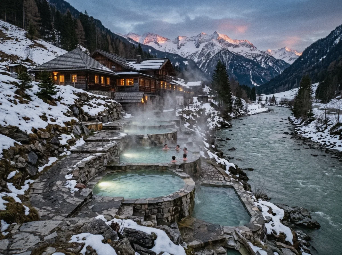 Terraced hot springs pools beside a resort hotel above a river at dusk in Pagosa Springs