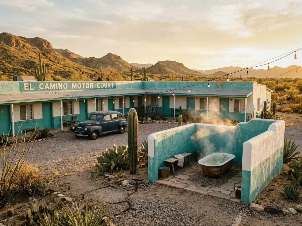 A vintage motel courtyard with private mineral water soaking tubs in Truth or Consequences New Mexico