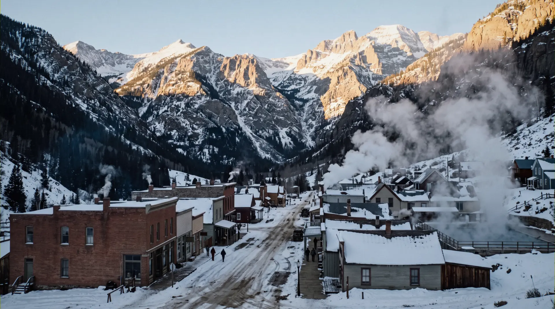 Ouray hot springs steaming below the San Juan Mountains in winter, Ouray, Colorado