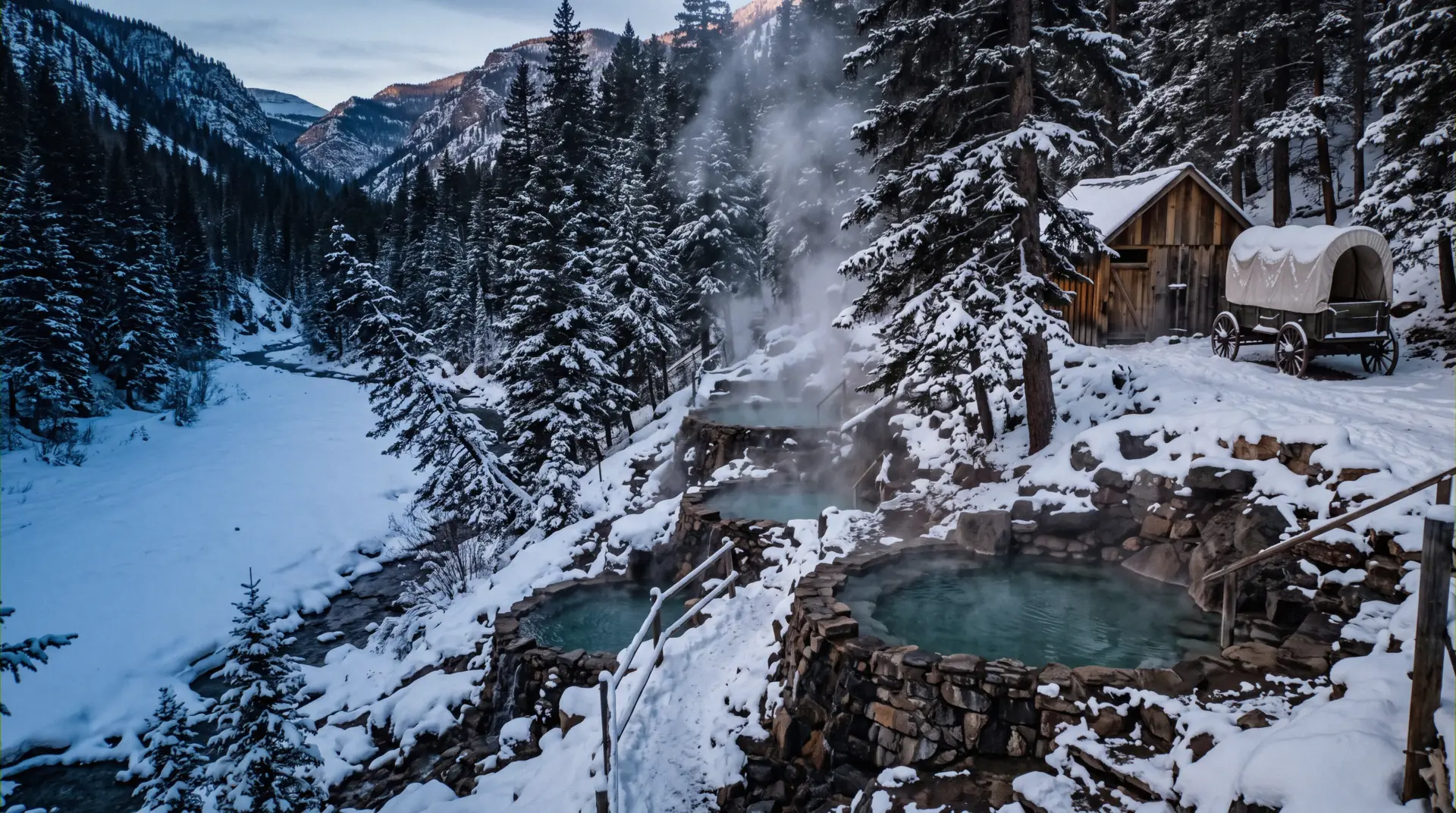 Snow-rimmed terraced rock pools steaming at dusk at the Steamboat Springs hot springs in Colorado
