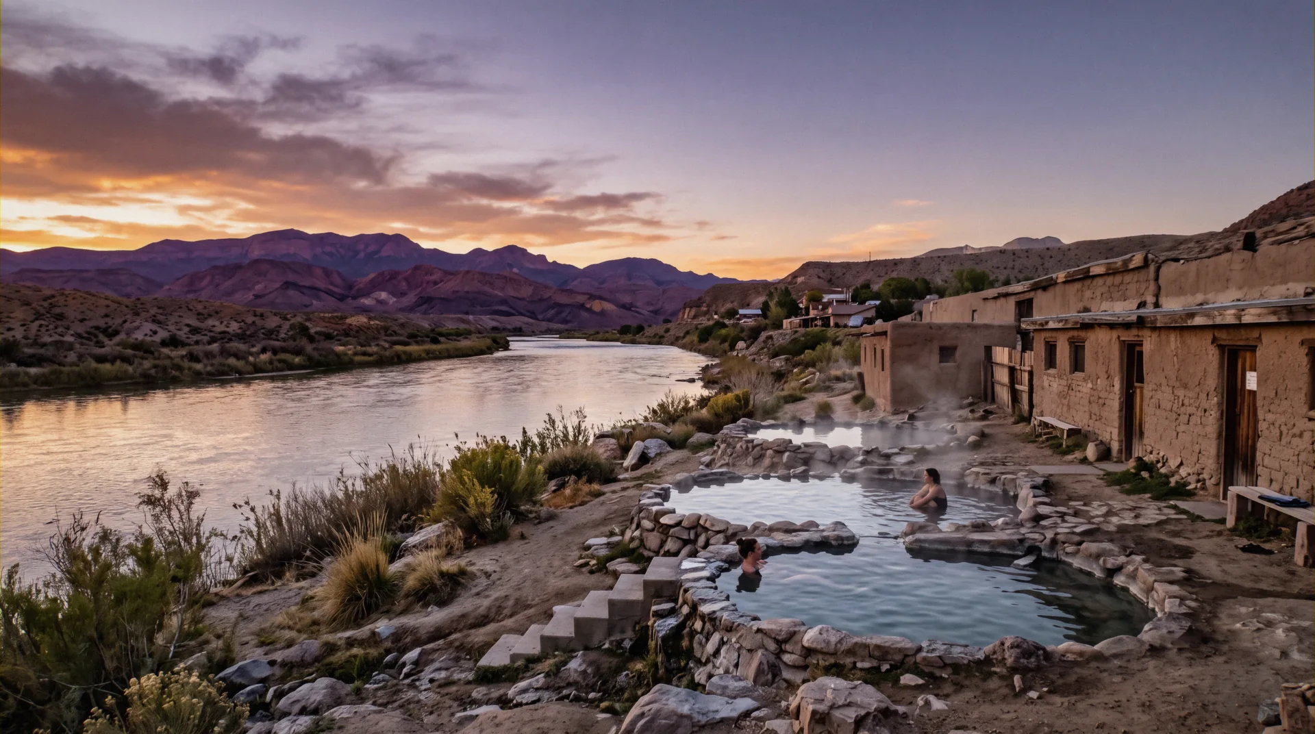Riverside hot springs pools on the Rio Grande at dusk, Truth or Consequences hot springs hotels, New Mexico